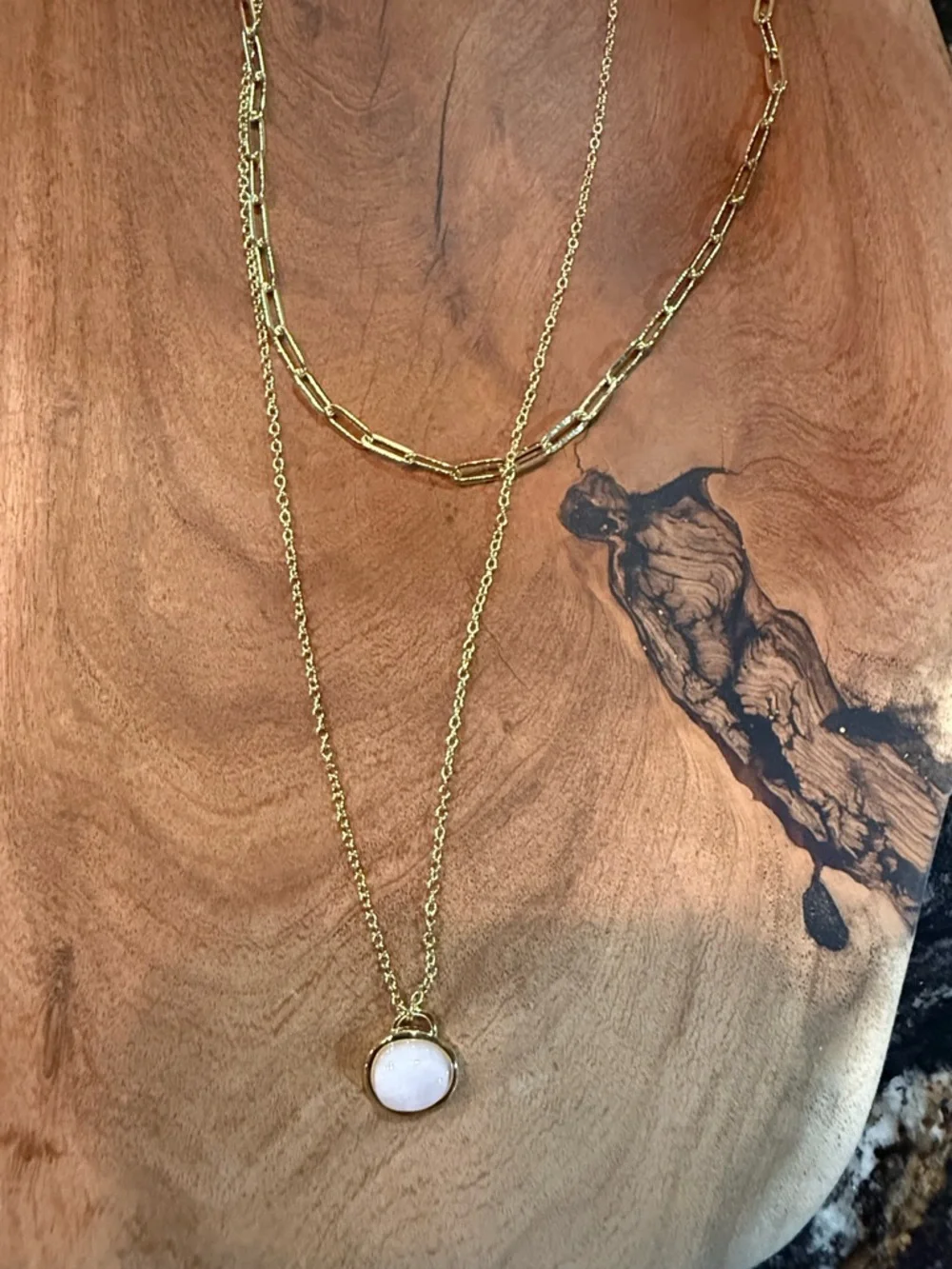 Anthropologie Minimalist Gold Pendant Layered Neckace blush moonstone - Picture 5 of 5